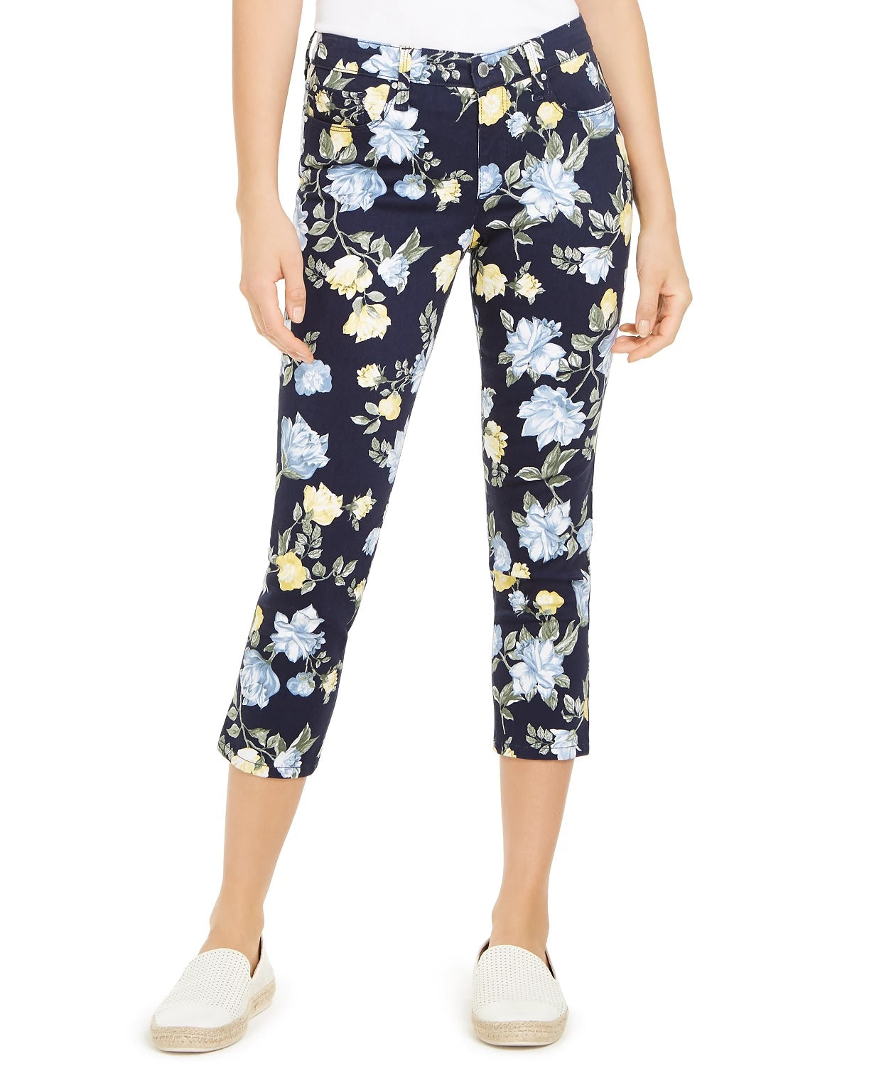 Charter Club Women's Floral Print Tummy Control Capri Pants Blue Size 12