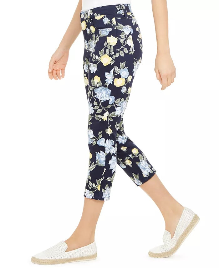 Charter Club Women's Floral Print Tummy Control Capri Pants Blue Size 12