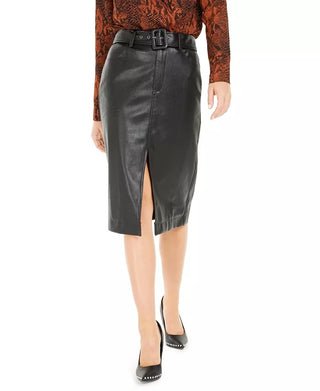 Bar III Women's Becca Tilley x Faux Leather Belted Slit Skirt Black Size X-Small