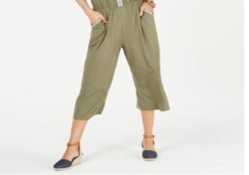 Style & Co Women's Embroidered Cropped Jumpsuit Green Size Petit XL