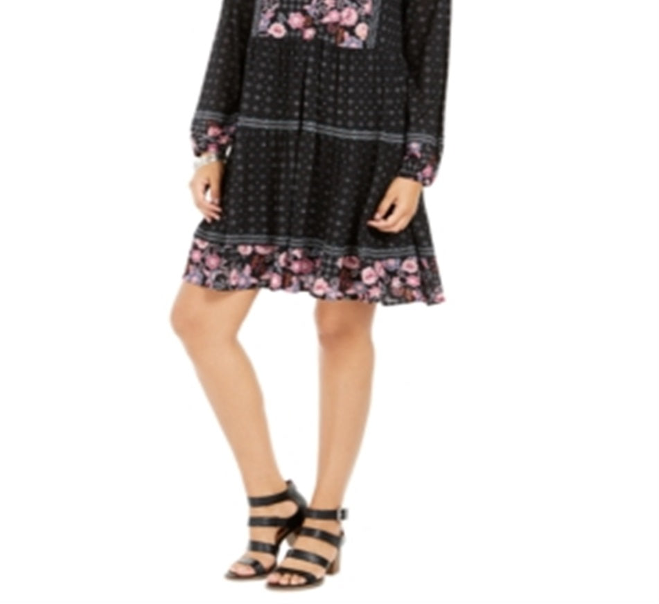 Style & Co Women's Printed Mesh Peasant Dress Black Size Petite L