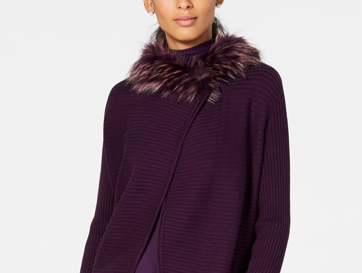 Alfani Women's Faux Fur Trim Convertible Cardigan Purple Size Petite S/M