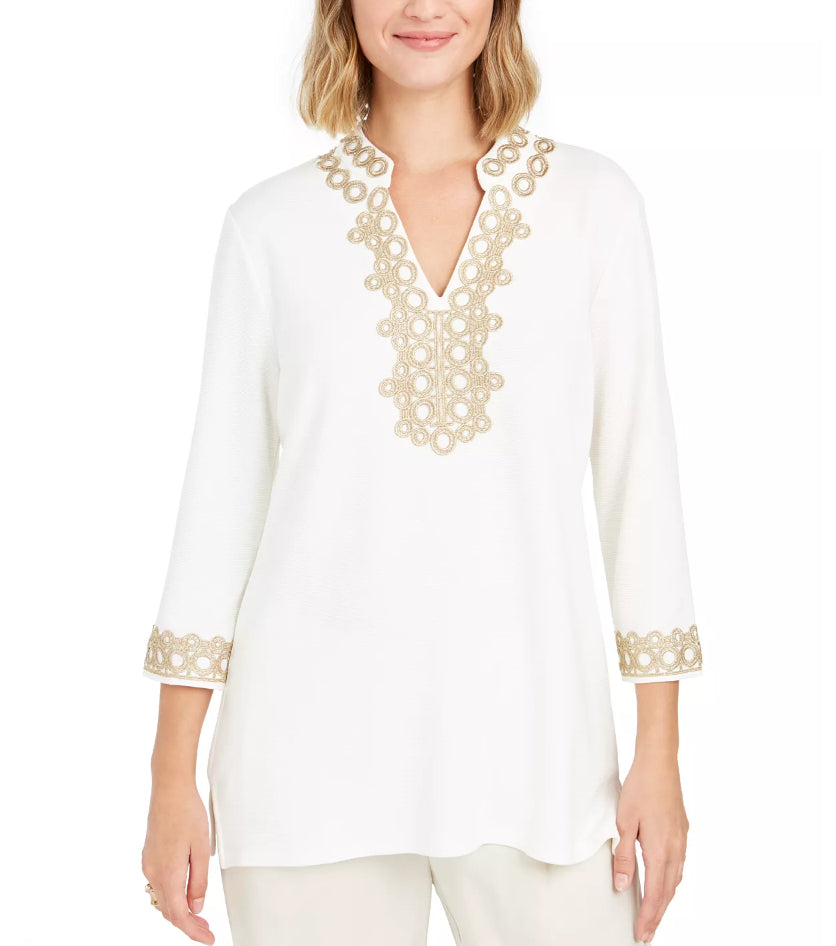 Charter Club Women's 3/4 Sleeve Textured Tunic White Size Petite X-Large