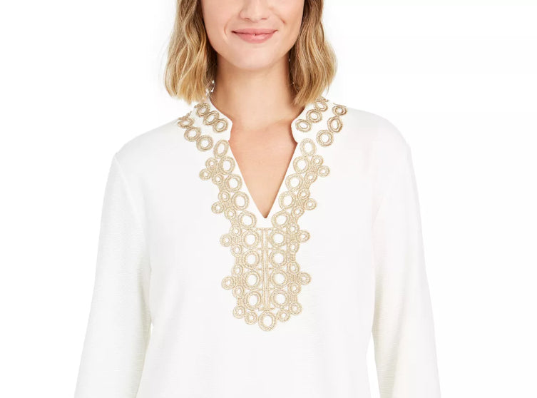 Charter Club Women's 3/4 Sleeve Textured Tunic White Size Petite X-Large