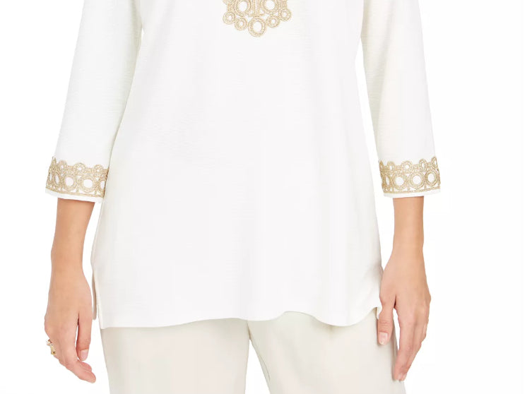Charter Club Women's 3/4 Sleeve Textured Tunic White Size Petite X-Large