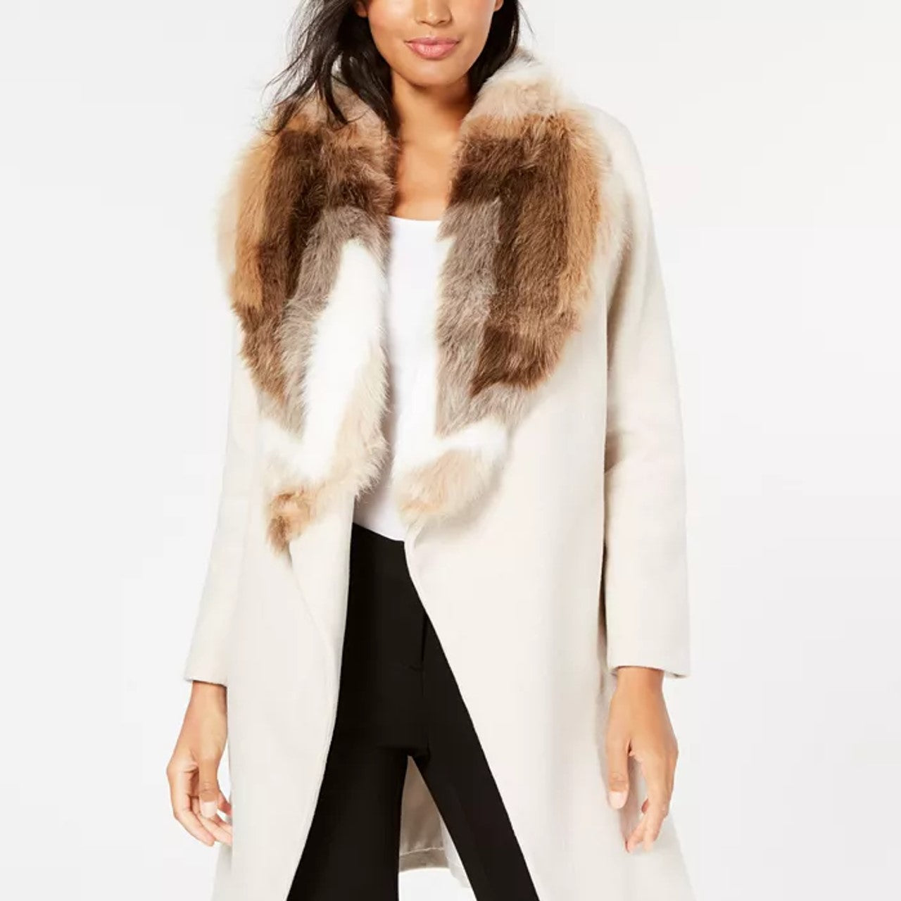 Alfani Women's Petite Faux-Fur Collar Belted Coat Beige Petite S