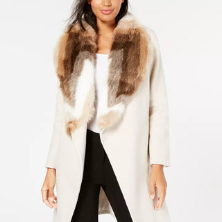 Alfani Women's Petite Faux-Fur Collar Belted Coat Beige Petite S