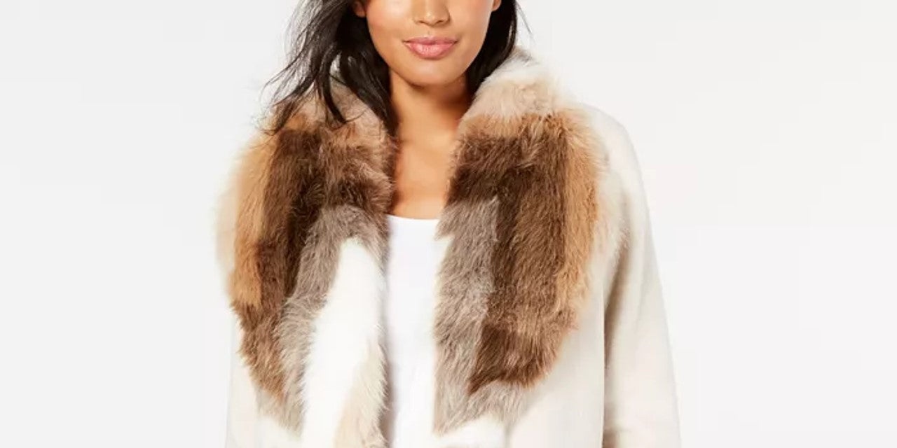 Alfani Women's Petite Faux-Fur Collar Belted Coat Beige Petite S