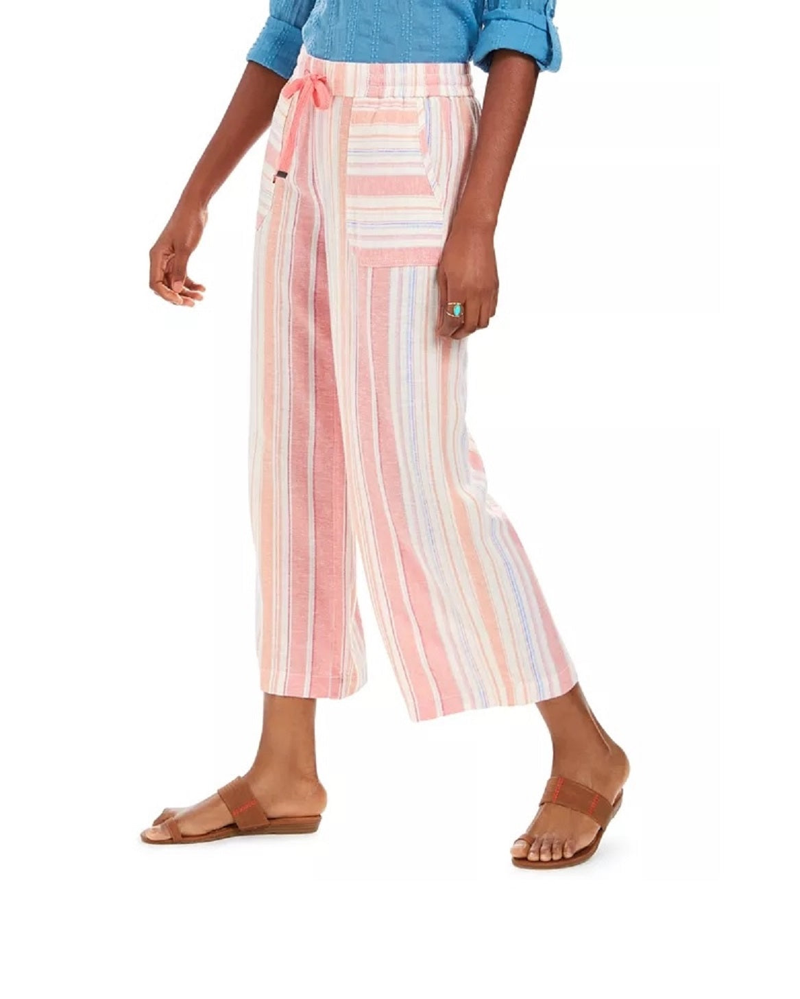 Style & Co Women's Striped Linen Cropped Pants  Pink Size Large