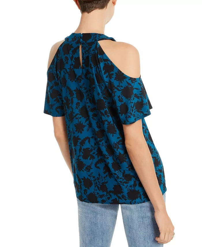 INC International Concepts Women's Petite Cold Shoulder Printed Top Green Size PM