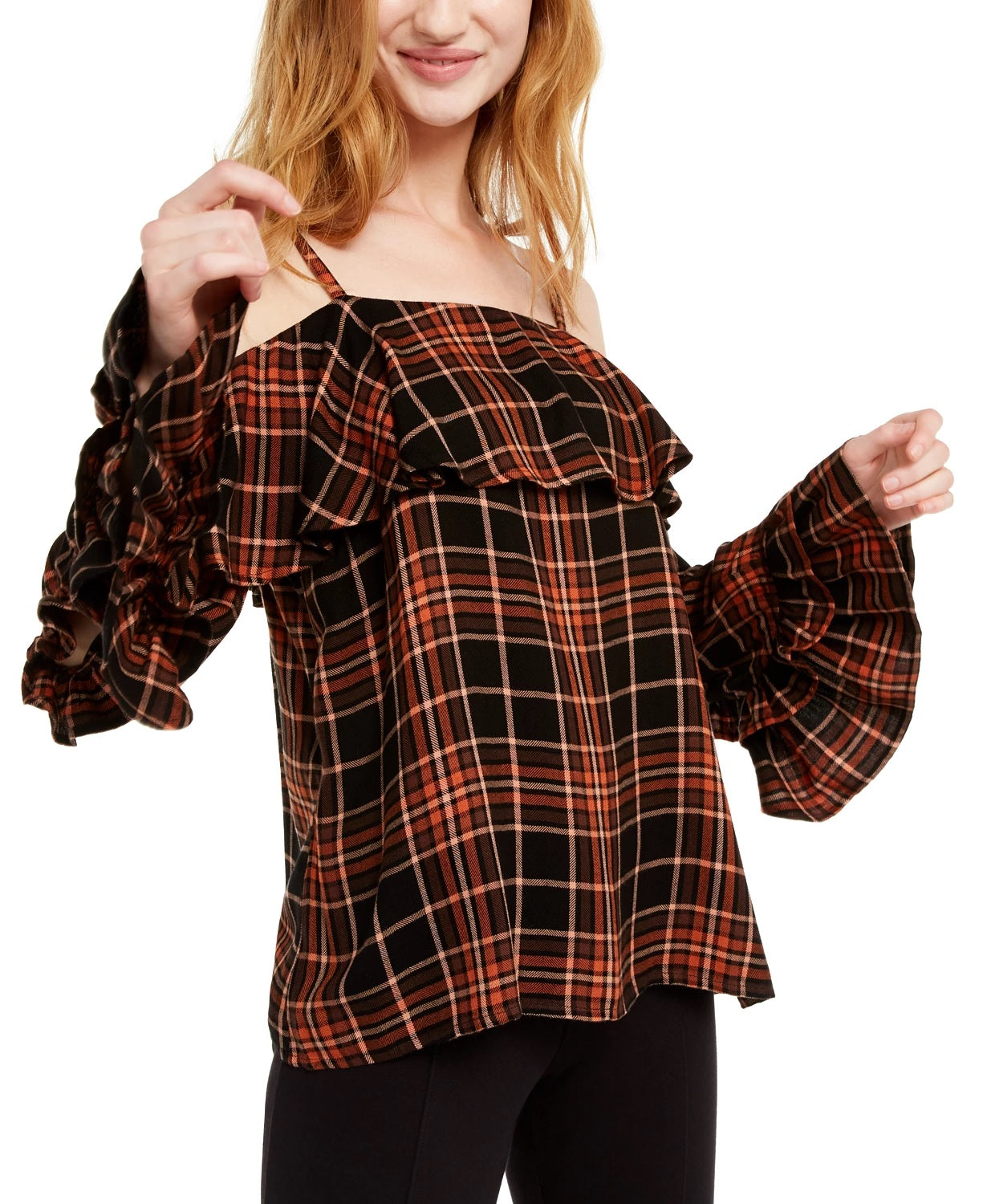 INC International Concepts Women's Ruffled Cold-Shoulder Plaid Top Black Size X-Small