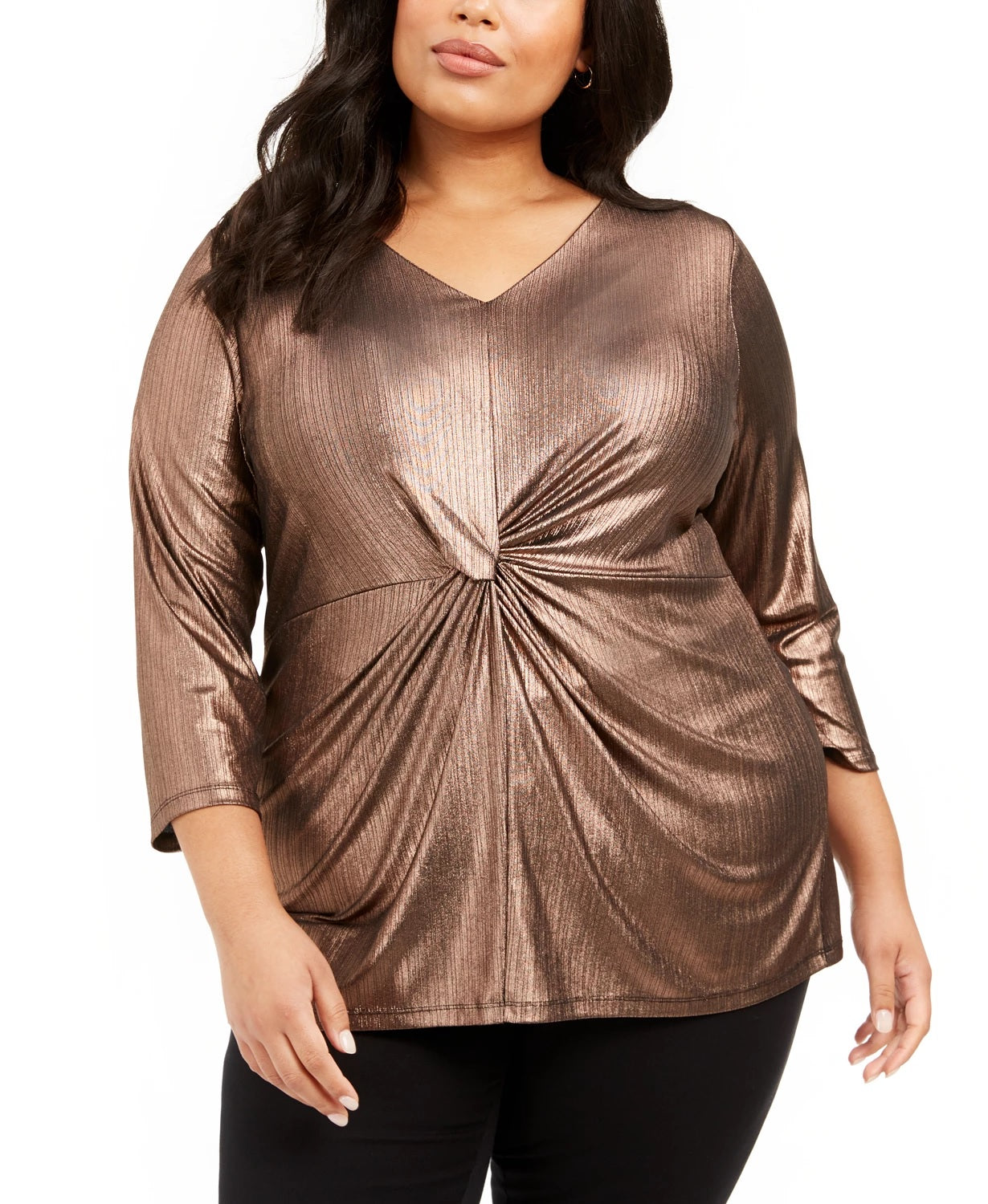 Alfani Women's Plus Size Metallic Twist-Front Top  Black Size 1X
