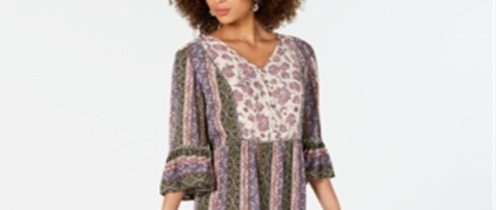 Style & Co Women's Printed Bell Sleeve Dress Green Size Petite L