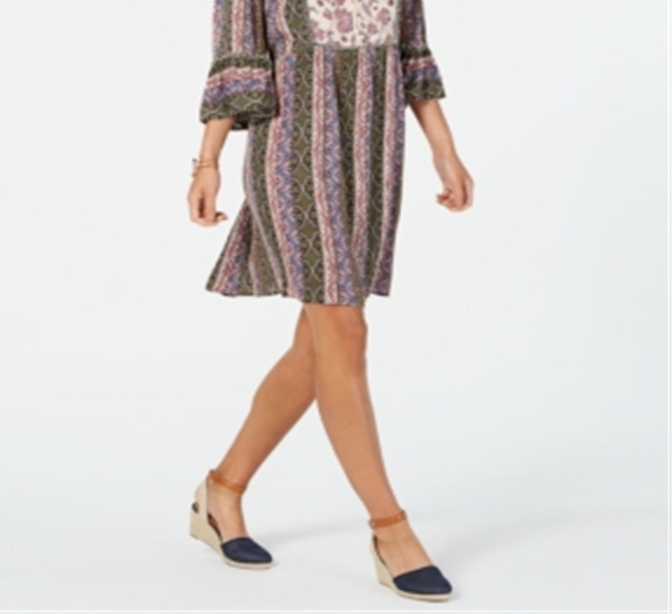 Style & Co Women's Printed Bell Sleeve Dress Green Size Petite L