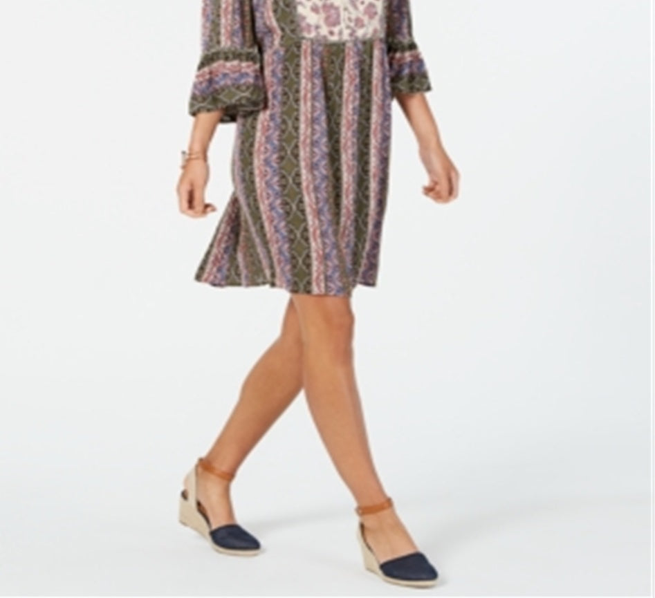 Style & Co Women's Printed Bell Sleeve Dress Green Size Petite S