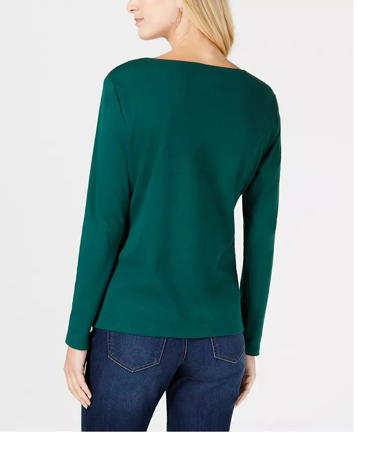 Karen Scott Women's Penguin Tree Graphic Top Green Size Medium