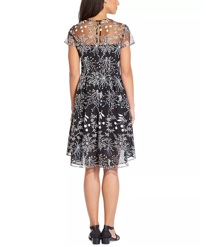 Adrianna Papell Women's Embroidered Illusion-Neck Dress Black Size 8