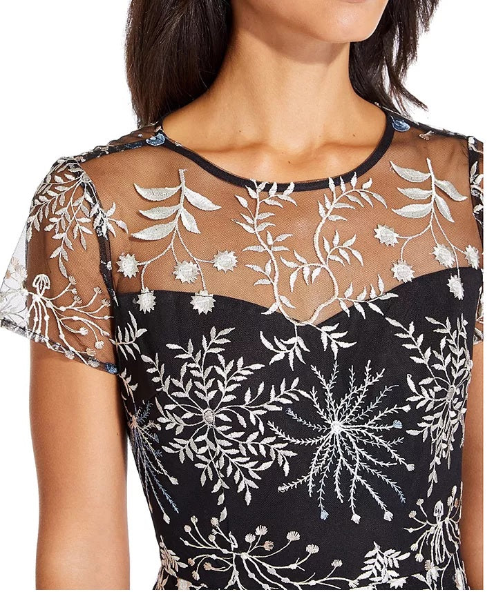 Adrianna Papell Women's Embroidered Illusion-Neck Dress Black Size 8