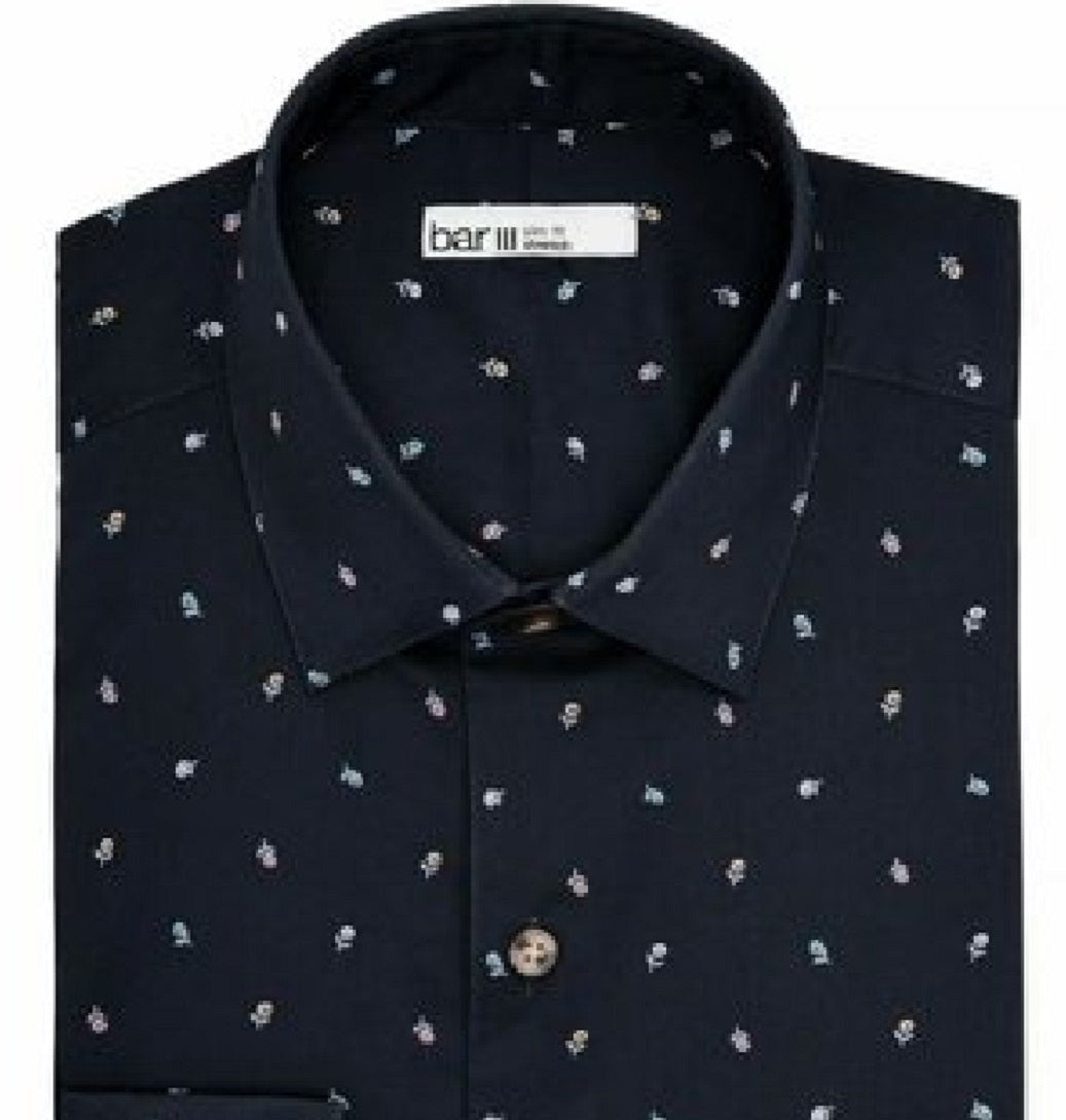 Bar III Men's Slim Fit Stretch Floral Dress Shirts Black Size 17 1/2