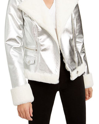 Bar III Women's Faux Fur Trim Motorcycle Jacket Gray Size Small