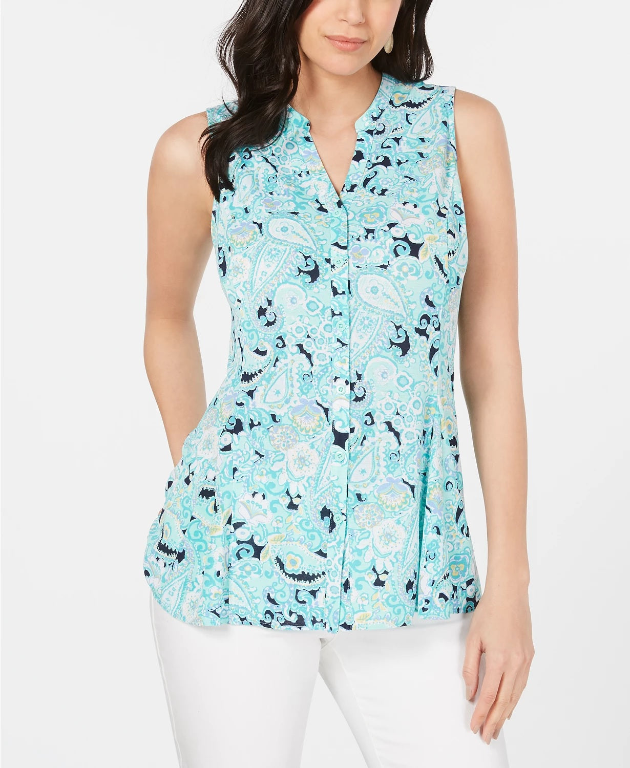 Charter Club Women's Printed Godet Sleeveless Top Blue Size Small