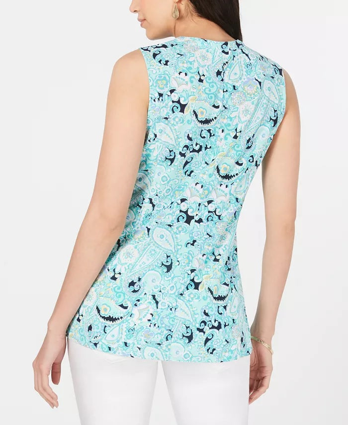 Charter Club Women's Printed Godet Sleeveless Top Blue Size Small