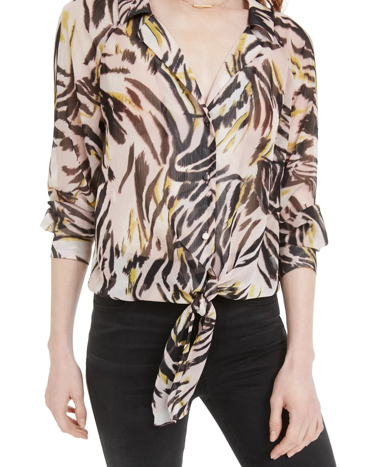 Bar III Women's Animal Print Sheer Blouse Pink Size Small