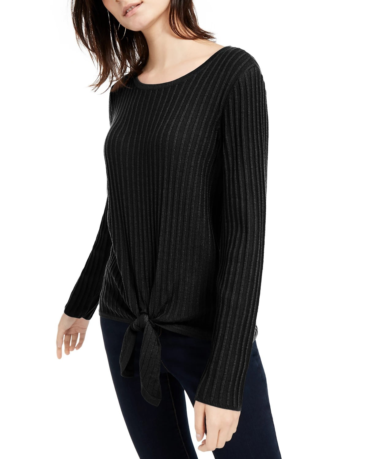 INC International Concepts Women's Petite Ribbed-Knit Tie-Hem Sweater Black Size 44