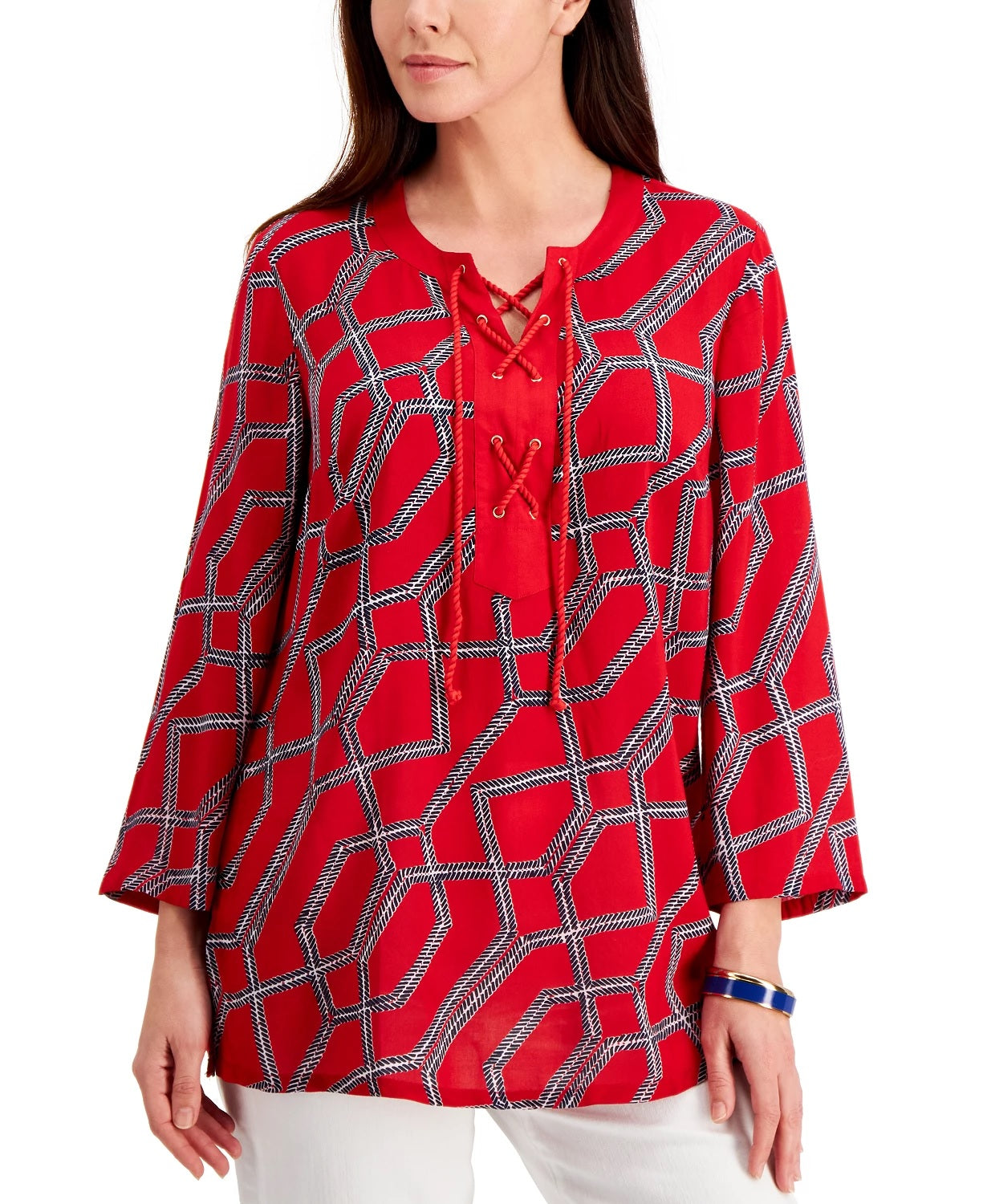 Charter Club Women's Cotton Printed Lace-Up Tunic Red Size Medium