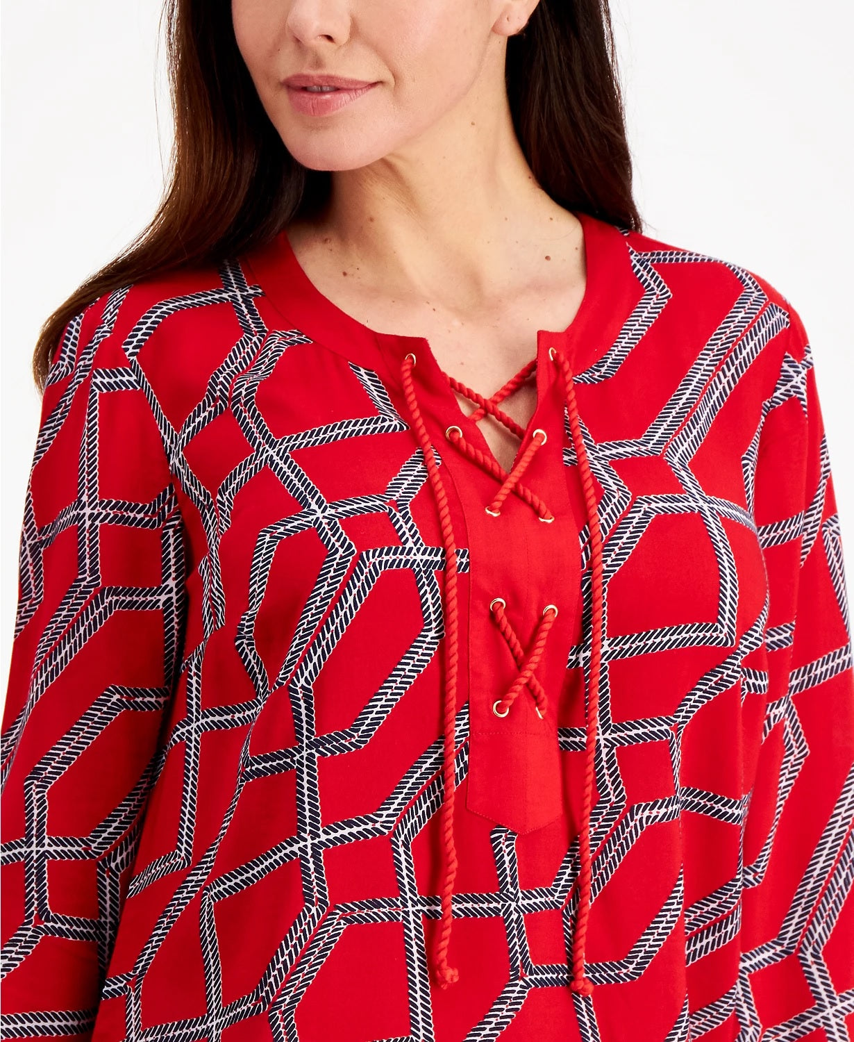 Charter Club Women's Cotton Printed Lace-Up Tunic Red Size Medium