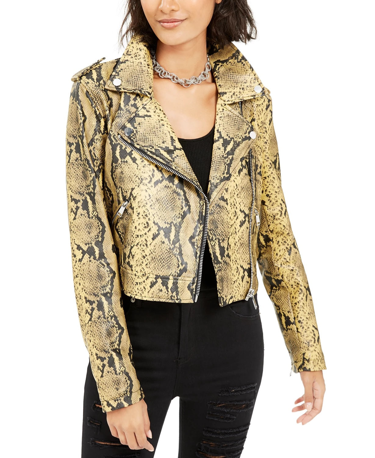 Guess Women's Roni Faux-Leather Jacket Yellow Size Medium