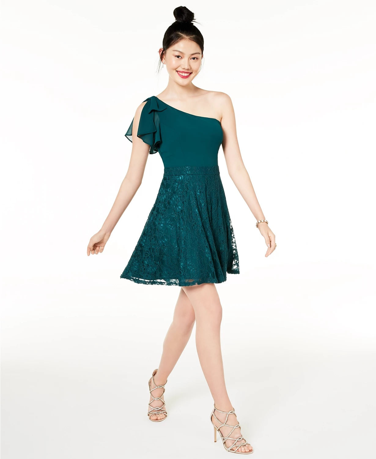 City Studios Juniors' Lace & Chiffon One-Shoulder Dress Green Size 5