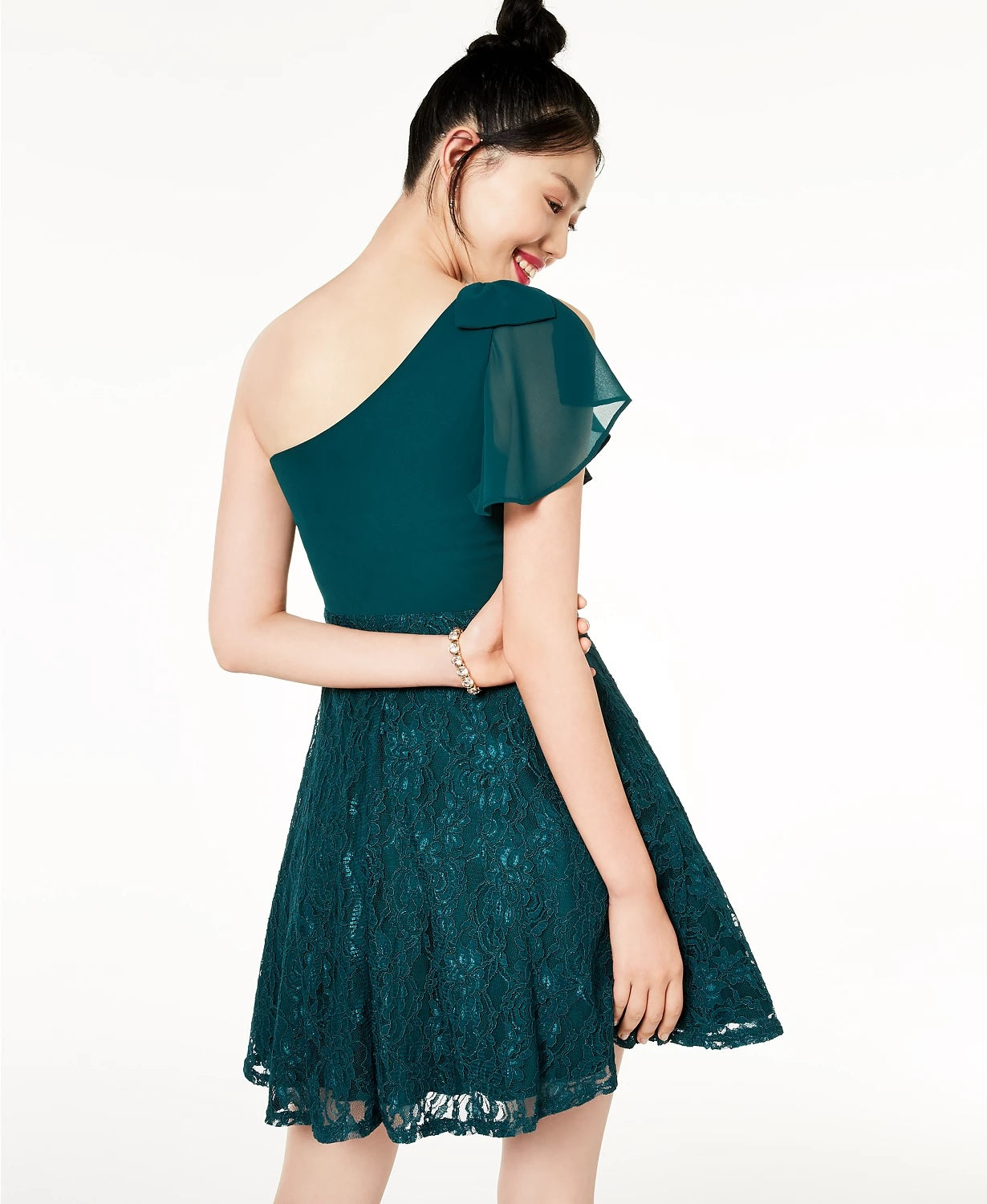 City Studios Juniors' Lace & Chiffon One-Shoulder Dress Green Size 5