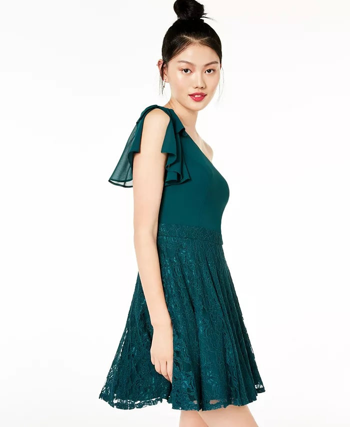 City Studios Juniors' Lace & Chiffon One-Shoulder Dress Green Size 5