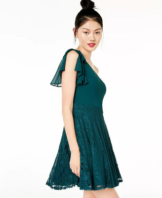 City Studios Juniors' Lace & Chiffon One-Shoulder Dress Green Size 5