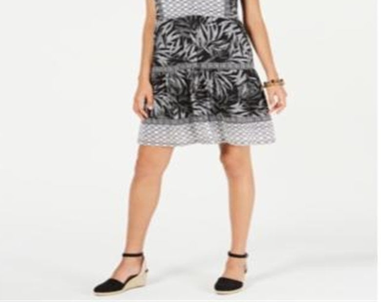 Style & Co Women's Printed Peasant Dress Black-White  Size M