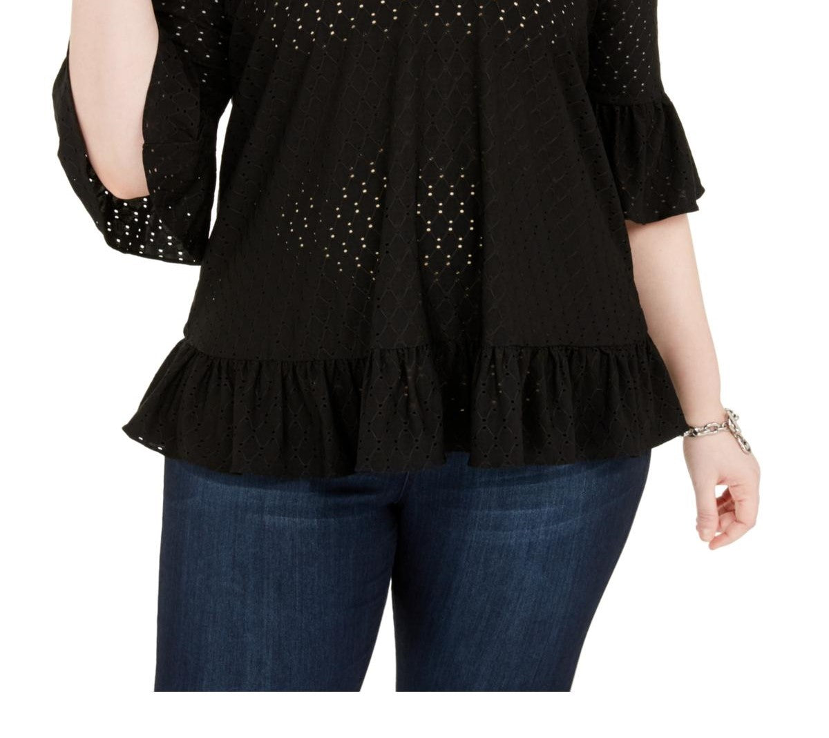 Michael Kors Women's Plus Blouse Cold Shoulder Eyelet Black Size 2X