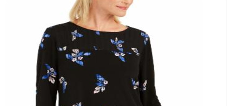 Charter Club Women's Floral Pintucked Top Black Size Petite Large