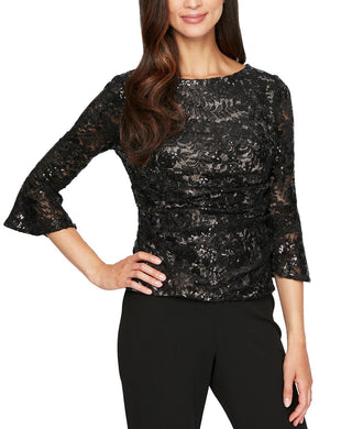 Alex Evenings Women's Bell-Sleeve Sequined Lace Blouse Charcoal Size X-Large