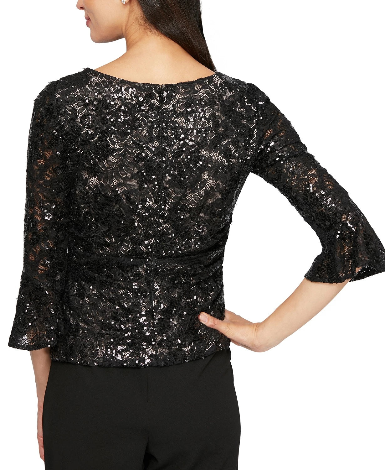 Alex Evenings Women's Bell-Sleeve Sequined Lace Blouse Charcoal Size X-Large