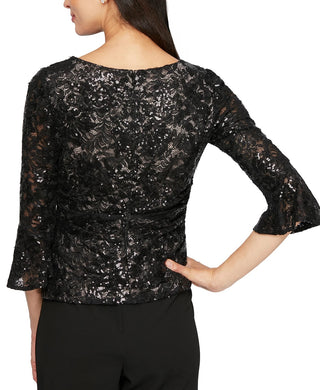 Alex Evenings Women's Bell-Sleeve Sequined Lace Blouse Charcoal Size X-Large