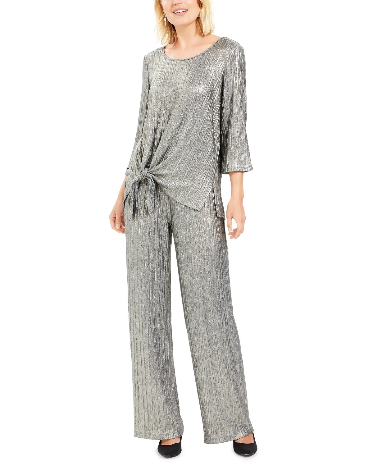 JM Collection Women's Metallic Crinkle Tie-Hem Top Gray Size XX-Large