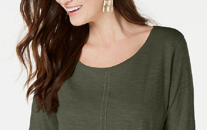 Style & Co Women's Crochet Trim Bell Sleeve Top Green Size Petite M