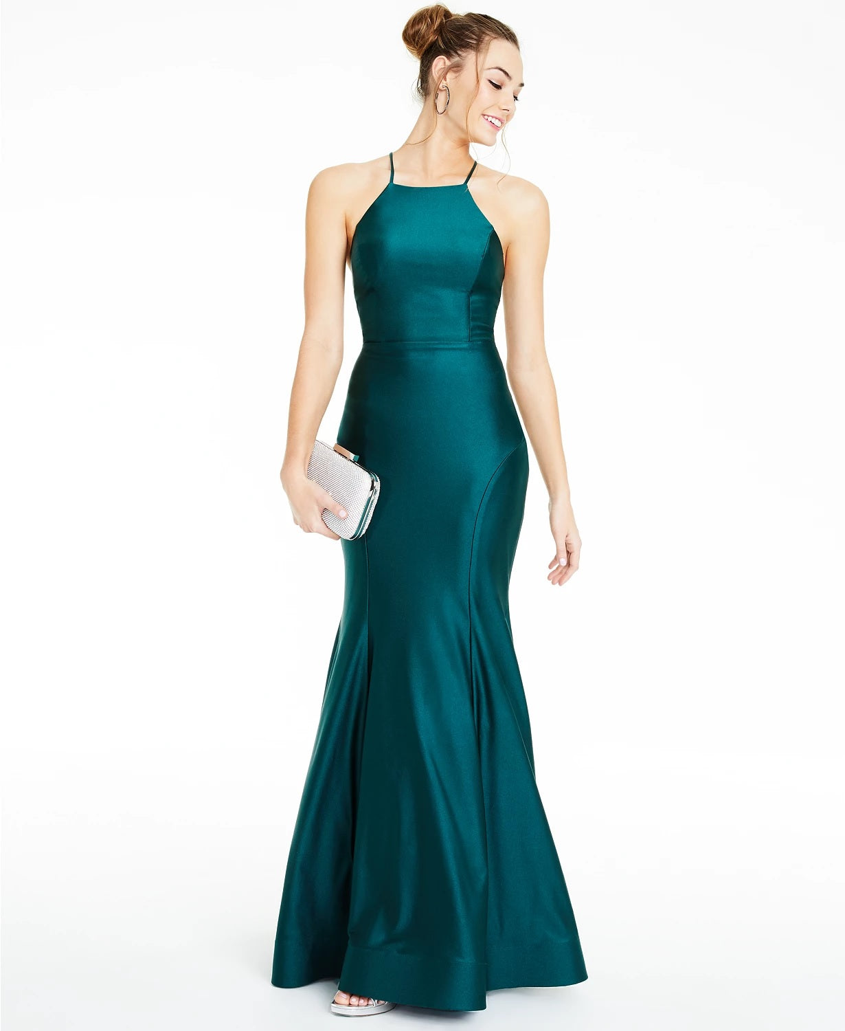 City Studios Juniors' Strappy-Back Halter Gown Dark Green Size 3