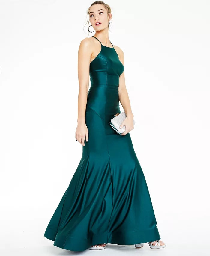 City Studios Juniors' Strappy-Back Halter Gown Dark Green Size 3