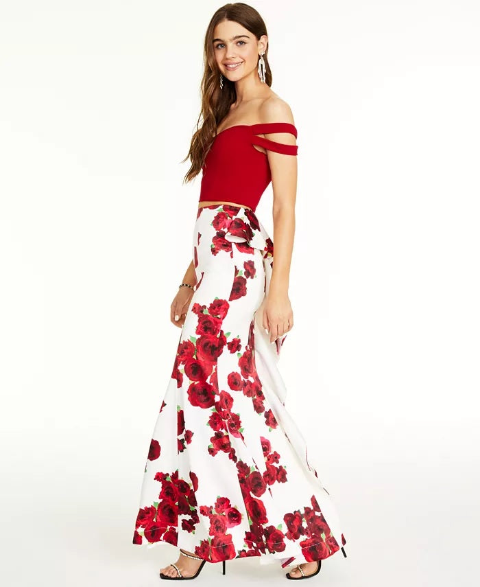 Teeze Me Juniors' 2-Pc. Off-The-Shoulder Bodycon Gown Wine Size 9