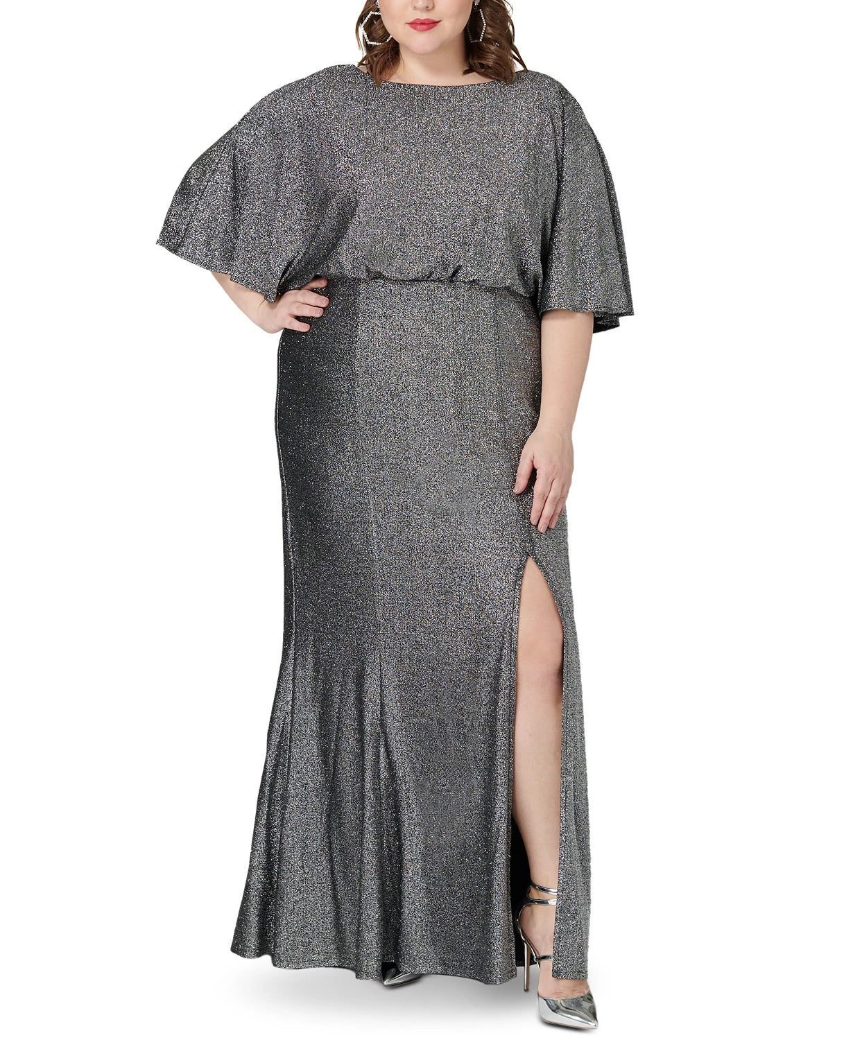 Maree Pour Toi Women's Plus Size Metallic Blouson Gown Gray Size 12