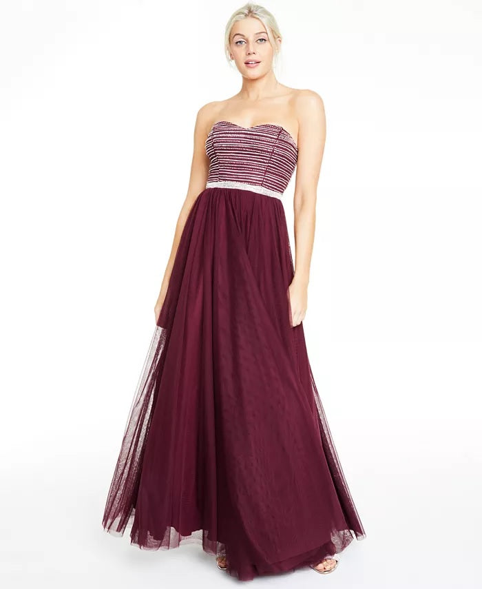 City Studios Juniors' Beaded Mesh Gown Dark Purple Size 11