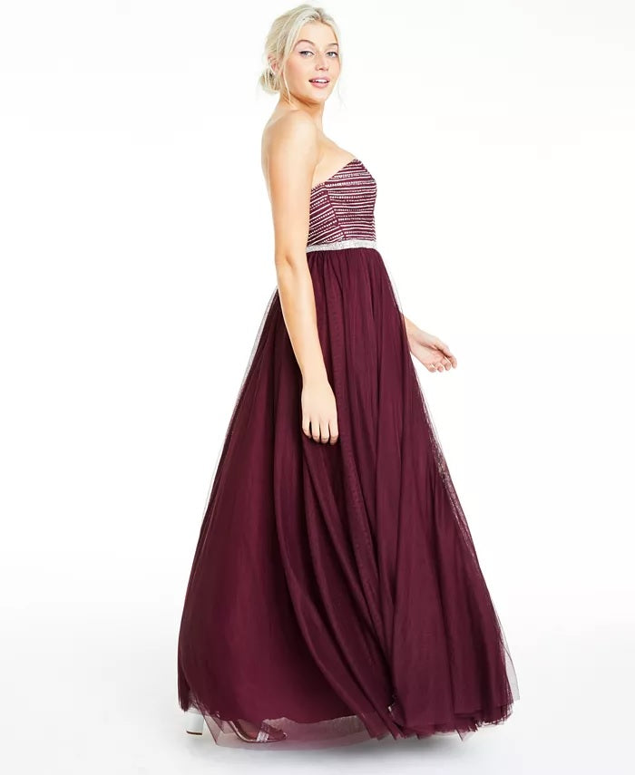 City Studios Juniors' Beaded Mesh Gown Dark Purple Size 11