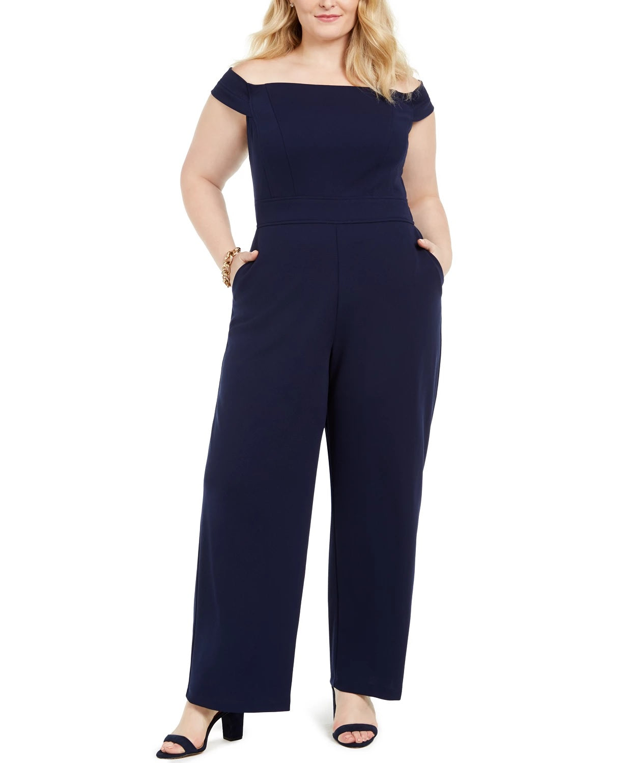 Teeze Me Women's Trendy Plus Size Off-The-Shoulder Jumpsuit Navy Size 22